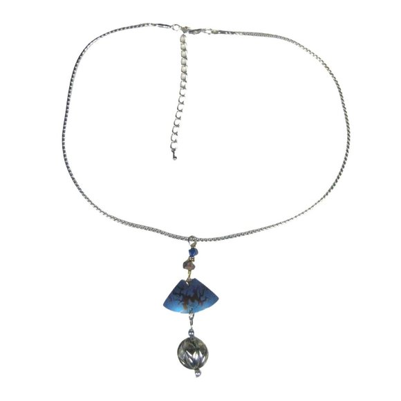 UPCYCLED Silvertone Chain Necklace 18 Inch Pendant Dangle Iridescent Statement - Picture 1 of 7